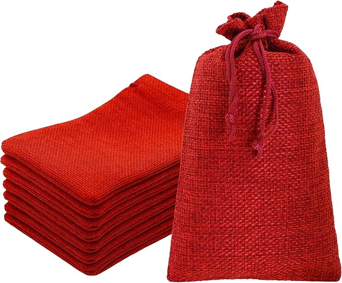 Mandala Crafts 8X10 Inch Red Burlap Drawstring Gift Bags for Favors - 20 Large Linen Sacks Gift Pouches for Candy, Coffee, Jewelry, Wedding, and Party Supplies