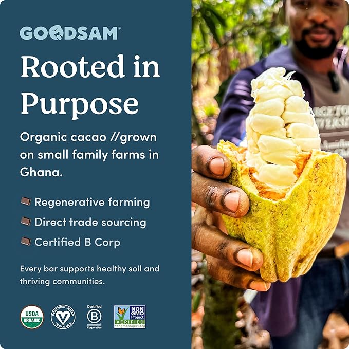 GoodSAM Organic Sea Salt & Nibs 70% Dark Chocolate (Pack of 3) - Non GMO, Vegan, Regenerative Farming, Direct Trade