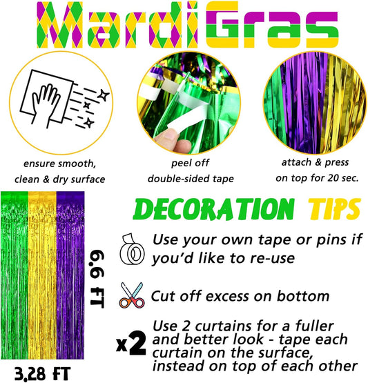 4 Pack 3.2Ft x 6.6Ft Mardi Gras Fringe Curtain Backdrop, Gold Green Purple Metallic Tinsel Foil Fringe Streamers Curtains Background for Photo Booth Birthday Wedding Carnival Party Decorations