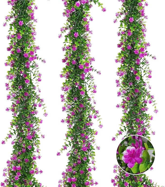Hanging Garland Plants Artificial Flowers Fake Eucalyptus Greenery Garlands Leaf Garland with Flowers Hanging Faux Vine Plants for Spring Wedding Arch Backdrop Home Wall Party Decor 3 Pcs (Fuchsia)
