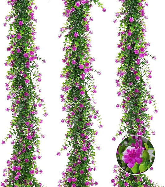 Hanging Garland Plants Artificial Flowers Fake Eucalyptus Greenery Garlands Leaf Garland with Flowers Hanging Faux Vine Plants for Spring Wedding Arch Backdrop Home Wall Party Decor 3 Pcs (Fuchsia)