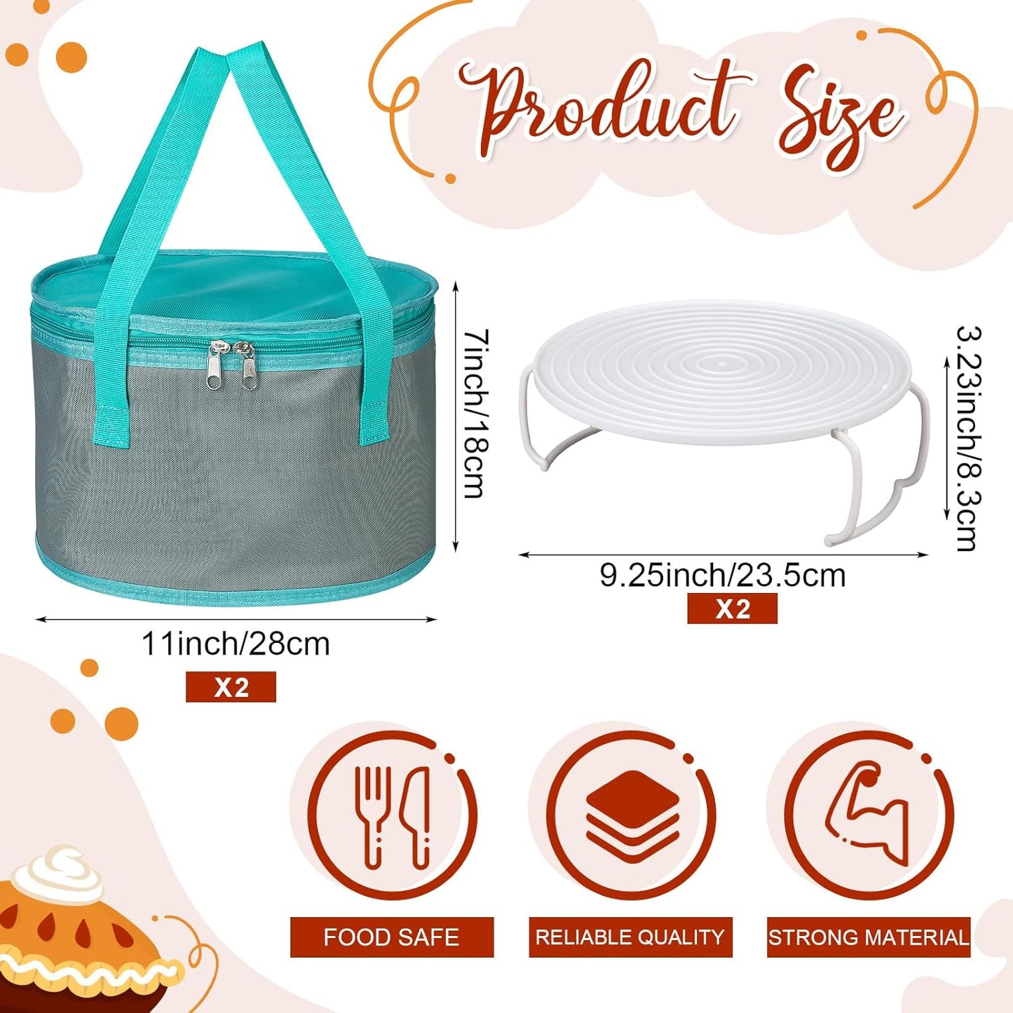 Yaomiao 2 Sets Round Pie Carrier 11 x 7 Inch with Dish Tray Plate Stacker Insulated Casserole Carrier with Lid and Handle Reusable Cooler Thermal Bags for Cold Food for Potluck Picnic (Gray and Teal)