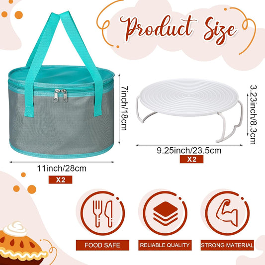 Yaomiao 2 Sets Round Pie Carrier 11 x 7 Inch with Dish Tray Plate Stacker Insulated Casserole Carrier with Lid and Handle Reusable Cooler Thermal Bags for Cold Food for Potluck Picnic (Gray and Teal)