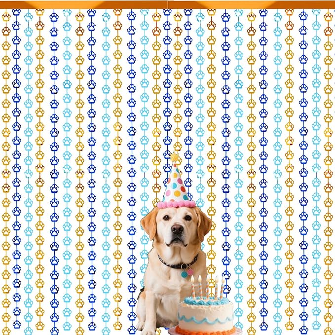 Blue Orange Party Decorations - 2 Packs Dog Paw Foil Fringe Streamers Curtains for Boys Girls Birthday Backdrop Decorations, Photo Booth Prop (3.3x6.6 ft)