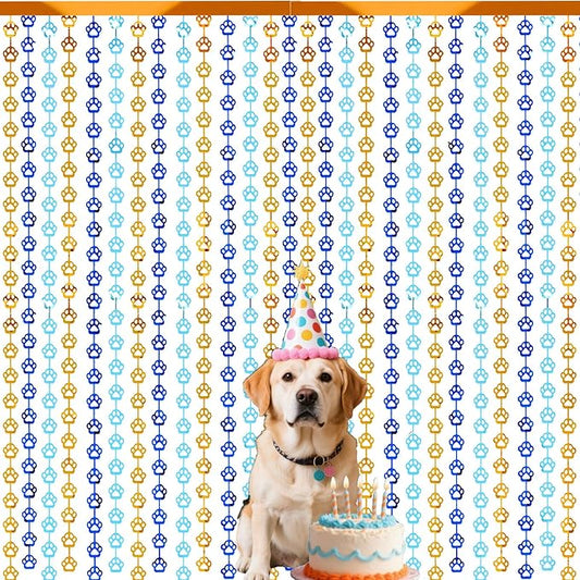 Blue Orange Party Decorations - 2 Packs Dog Paw Foil Fringe Streamers Curtains for Boys Girls Birthday Backdrop Decorations, Photo Booth Prop (3.3x6.6 ft)
