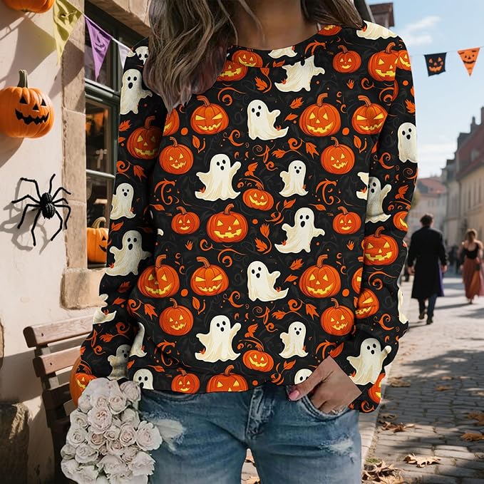 LIZALIG Pullover Cute Sweatshirt Orange Skeleton Fall Festive FunWomens Design Bat Holiday Party Outings Pumpkin Print