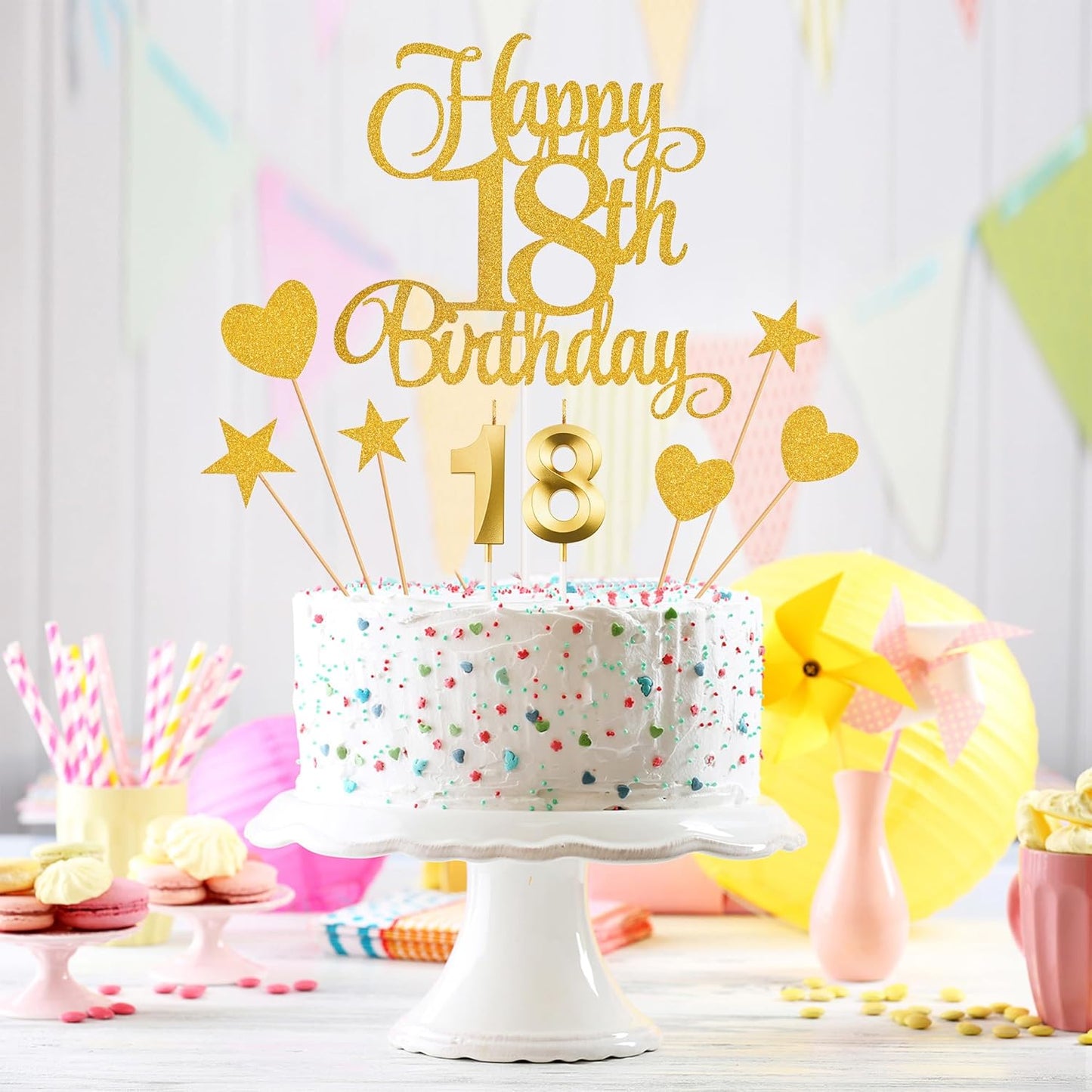 18th Birthday Cake Decorations, 18th Birthday Candles Cake Numeral Candles and Glitter Happy 18th Birthday Cake Toppers Set for Birthday Party Supplies (Gold)