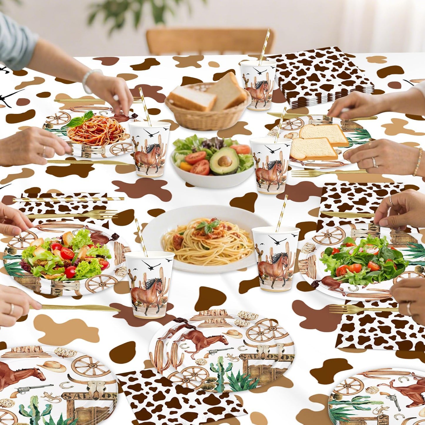 141pcs Cowboy Party Decorations,Cowboy Party Disposable Tableware Includes Dinner Plate Dessert Plate Paper Napkin Cup Knife Fork Straws Tablecloth Western Cowboy Baby Shower Supplies set