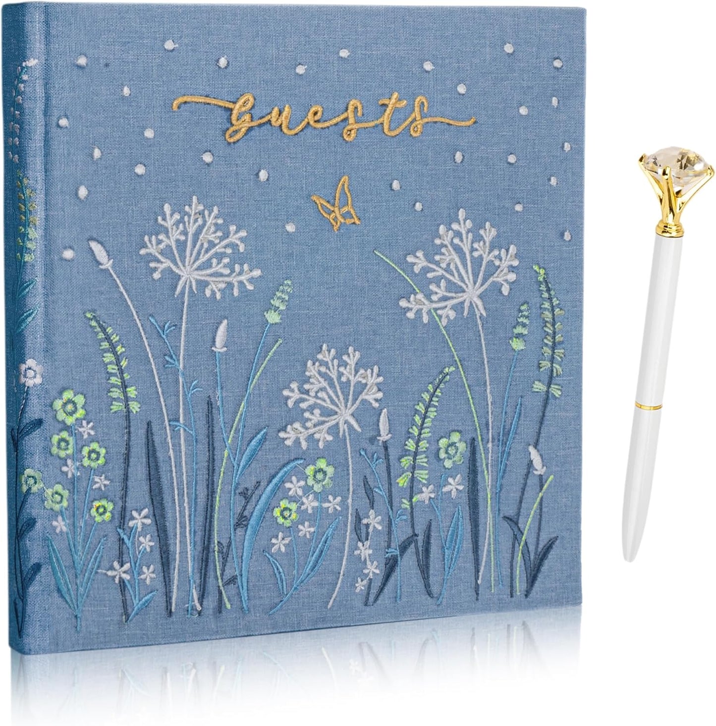 Embroidered Wedding Guest Book—The Perfect Polaroid Guest Book for Wedding Receptions, Birthdays, Baby Showers, and Special Events with 3 Photo Corner Stickers+ 3 DIY pens+1 Diamond Pen (Blue)