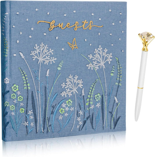 Embroidered Wedding Guest Book—The Perfect Polaroid Guest Book for Wedding Receptions, Birthdays, Baby Showers, and Special Events with 3 Photo Corner Stickers+ 3 DIY pens+1 Diamond Pen (Blue)