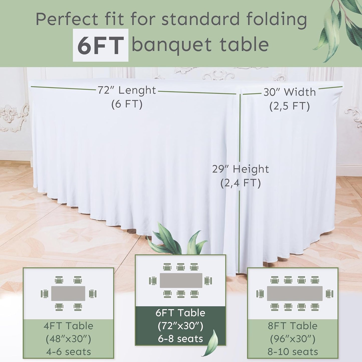 2 Pack Table Skirt for Rectangular Tables 6ft - Wedding Spandex Table Covers for Standard 6 Foot Table - One Piece Fitted Elastic Tablecloth - Great for Party, Event, Trade Show (Pack of 2, White 6ft)