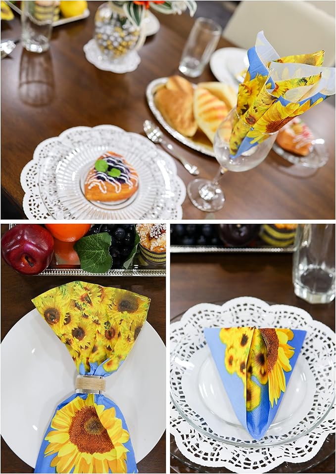 Iconikal 75-Count Disposable Paper Party Napkins Sunflower Fields 6.5x6.5-Inch 2-Ply 2-Sided Design Birthday Dinner Event Decor Bulk Pack
