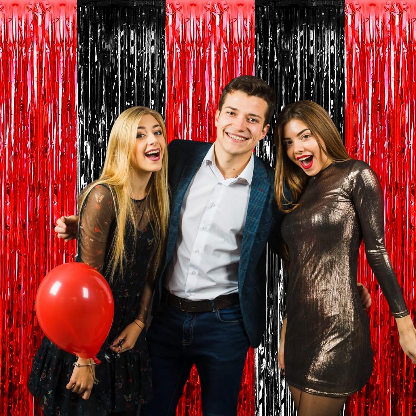 4 Pack Black Red Foil Fringe Curtain Backdrop, 3.28Ft x 9.8Ft Metallic Tinsel Foil Fringe Streamers Curtains for Photo Booth, Wedding, Casino Viva Las Vegas Game Night Birthday Party Decoration
