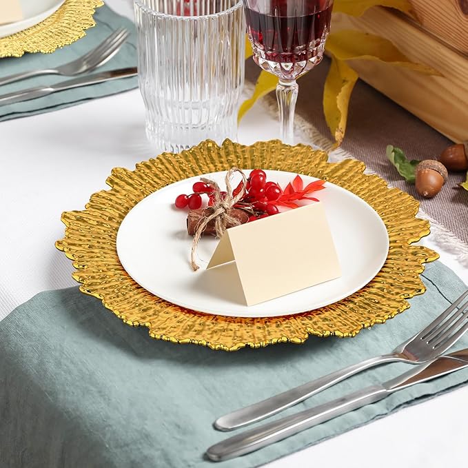 32 Pack Charger Plates Set Reef Chargers for Dinner Table Serving Tray Floral Plastic Decorative Plates for Table Setting Wedding Party, 13 Inch(Gold)