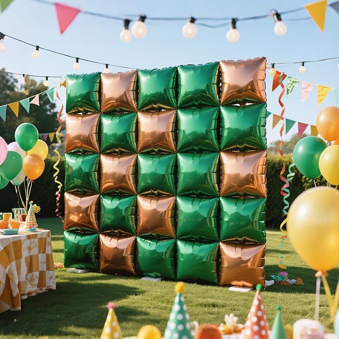 NISOCY 25PCS Dark Green and Brown Square Foll Baloons Wall Backdrop Double Sided Dark Green and Brown Balloons Arch Kit for Anniversary Birthday Thanksgiving Christmas Jungle Party Decorations