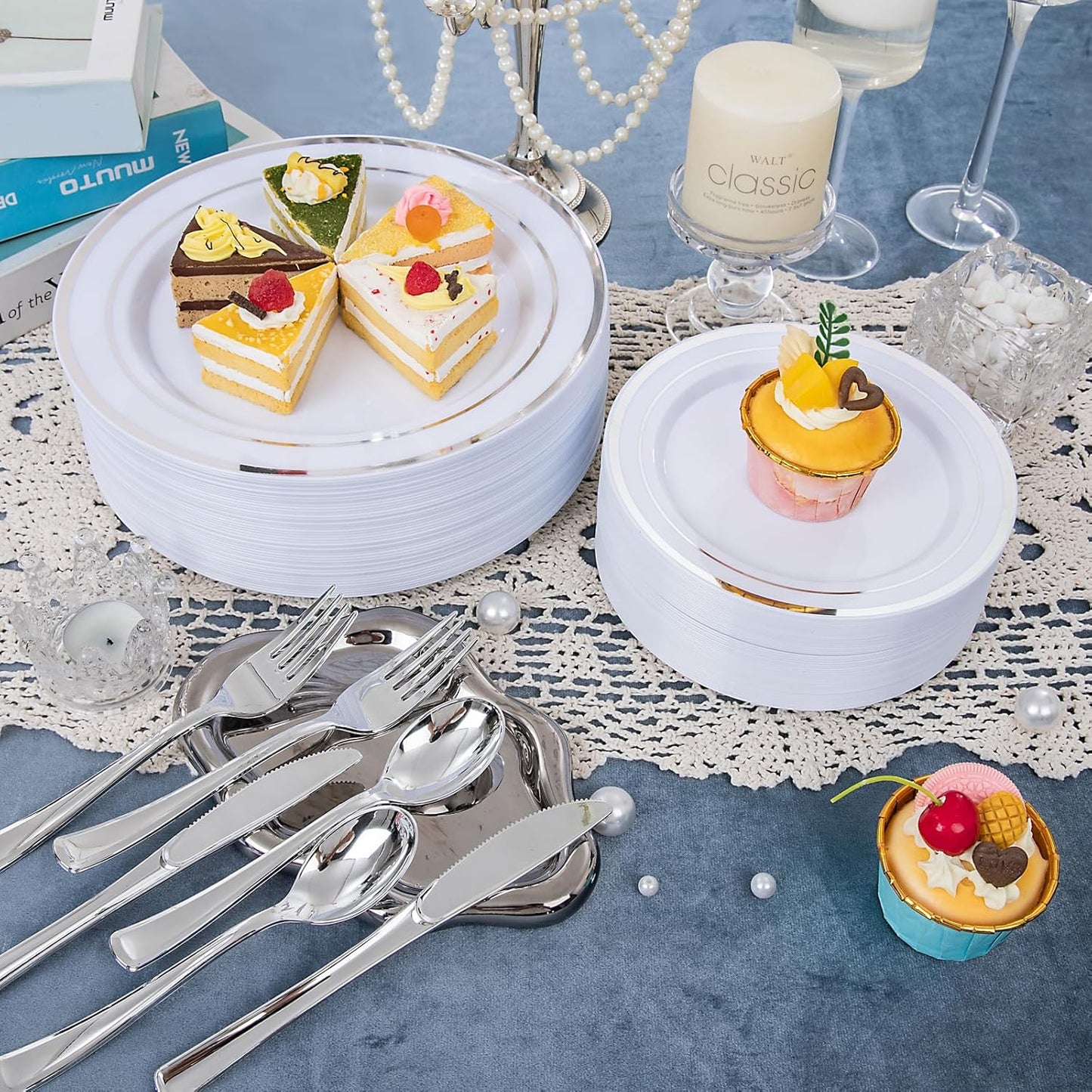 150 PCS Silver Disposable Dinnerware Set for 25 Guests, Silver Plastic Plates for Party, Including 25 Dinner Plates, 25 Salad Plates, 25 Cups, 25 Forks Knives Spoons for Wedding and Party Supplies