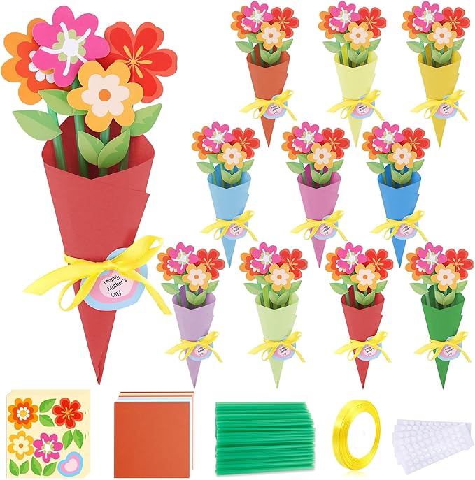 FULAIERGD 32 Set Mother's Day Flower Bouquet Paper Craft Kit-Mother's Day DIY Make Your Own Flower Bouquet for Party Activities Mom Teacher Appreciation Week Valentine Gift