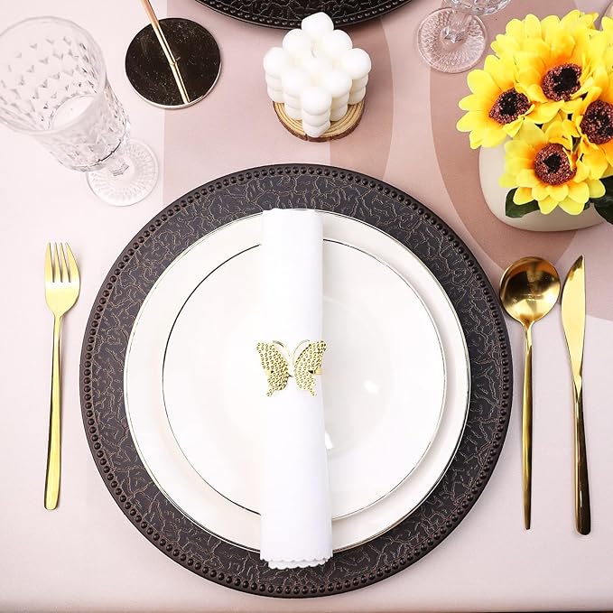 Brown Chargers for Dinner Plates with Beaded, Set of 12 Plastic Bulk Wedding Charger Plates for Thanksgiving, Christmas, Holiday Party Table Setting.