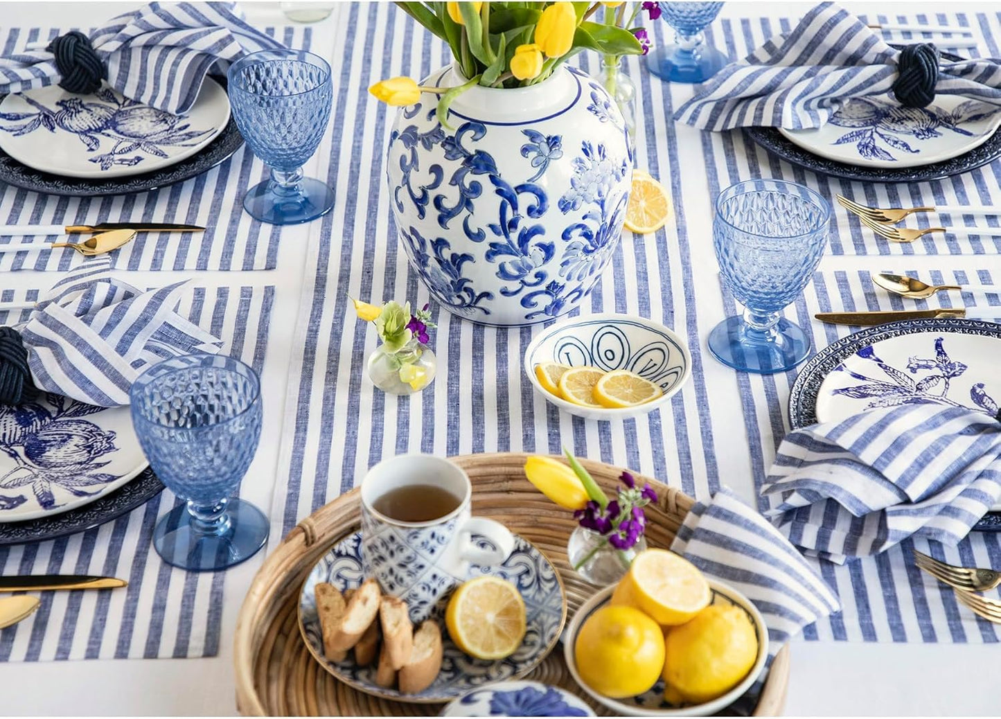 Solino Home Linen Table Runner 156 Inches Long - Amalfi Stripe, 100% Pure Linen Navy and White Table Runner 14 x 156 Inch for Dining