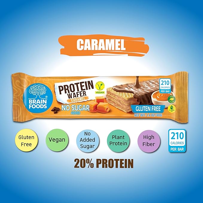 BRAIN FOODS Gluten Free Vegan Caramel Protein Wafers - 12 Bars, No Sugar Added, 8 grams Protein, No Palm Oil, 1.4 oz, 210 Calories, Guilt Free Snack, Natural Caramel Flavoring