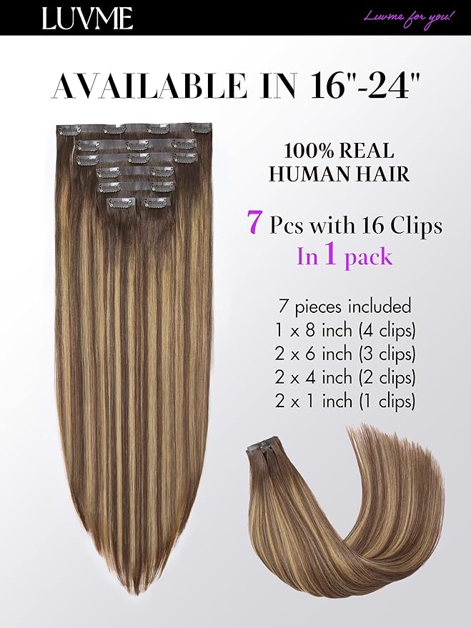 LUVME Straight Seamless 110g 7Pcs Clip in Hair Extensions Full Max with 18 inch Remy Human Hair Extensions, Highlight Color 100% Real Soft Human Hair
