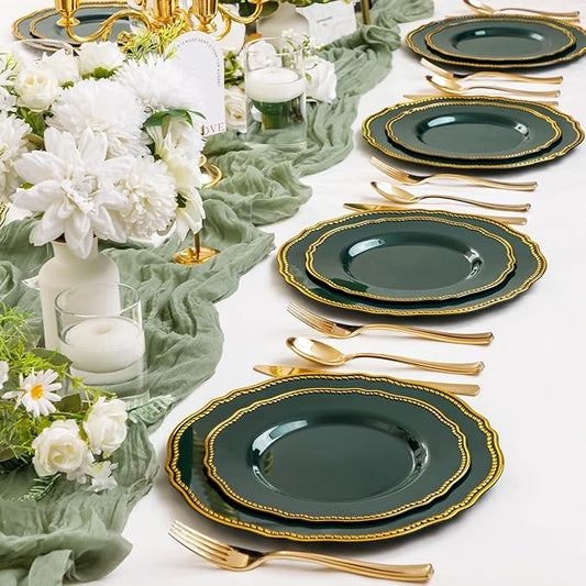 Hioasis 60pcs Green Plastic Plates - Green and Gold Disposable Dinnerware with Gold Rim, Heavy-duty, 7.5 inch, Dessert Plates for Party & Christmas& St. Patrick's Day