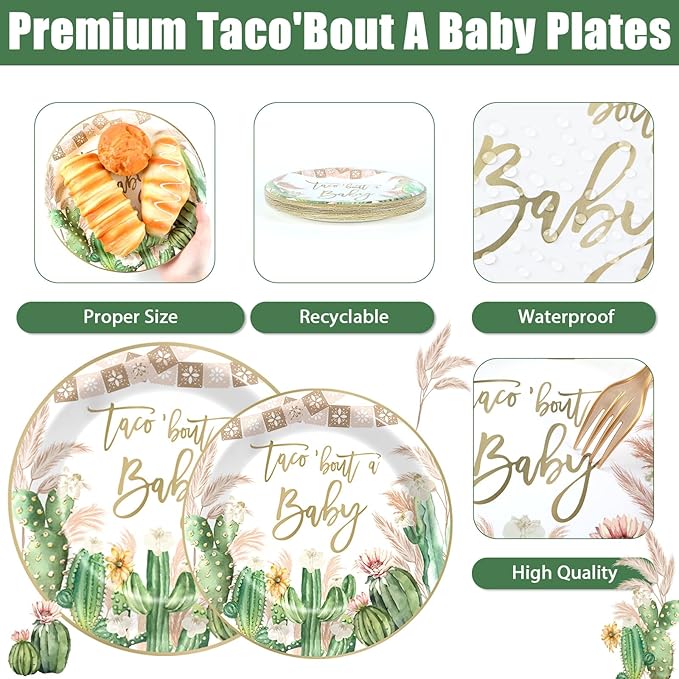 96Pcs Taco Baby Shower Party Supplies Taco Bout A Baby Paper Plates Napkins Cactus Baby Shower Party Decorations Gender Reveal Dinnerware Party Favor Taco Baby Shower Tableware Serves 24