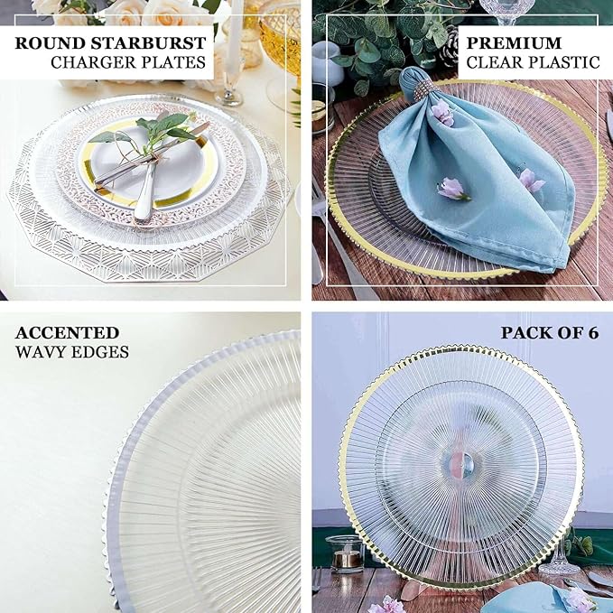 Efavormart 6 Pack | 13" Round Starburst Pattern Clear Plastic Charger Plates with Gold Wavy Rim