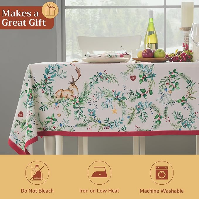 Maison d' Hermine Table Cloth Rectangle Table 100% Cotton 60 x 90 Inches Fall Tablecloth Reusable Everyday Use for Thanksgiving Christmas Decorations Dining Farmhouse Party (Holly Time)