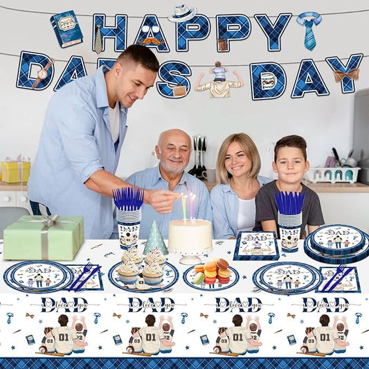 98PCS Happy Father's Day Party Supplies Fathers Day Tableware Set Best Dad Paper Plates Napkins Forks Knives Tablecloth Banner Fathers Day Party Decorations Disposable Dinnerware for 16 Guests