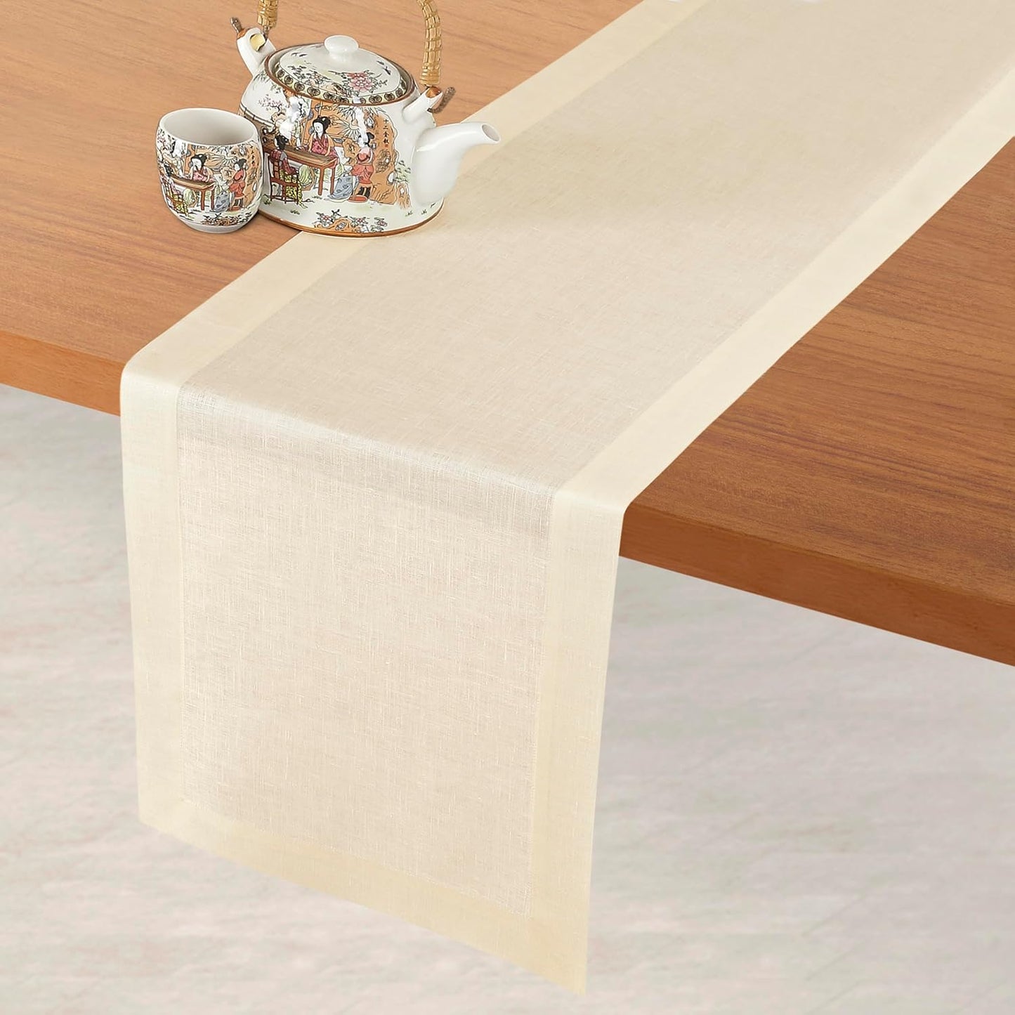 D'Moksha Homes Linen Vanilla Cream Table Runner 102 Inches Long - 100% Pure Linen Dining Table Runner 14 x 102 Inch for Fall, Autumn and Halloween - Machine Washable