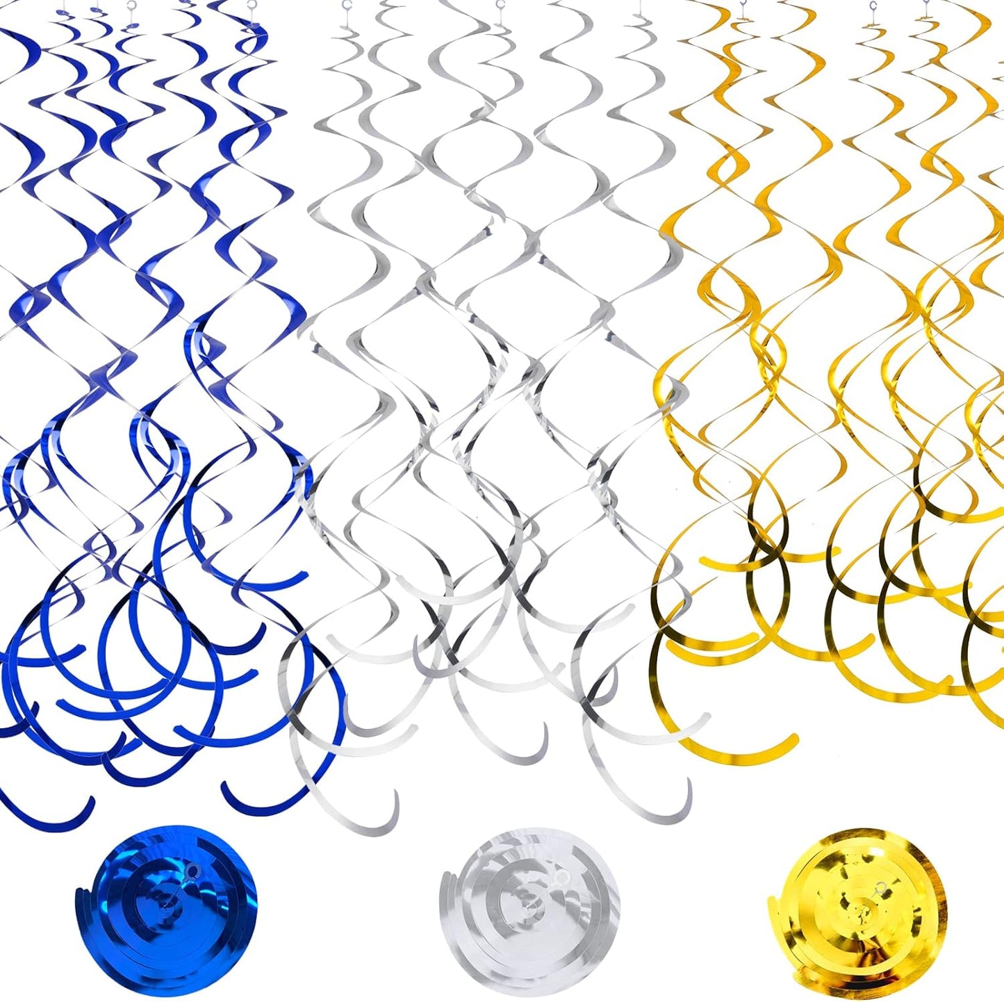 30Pc Party Swirl Decorations Foil Swirl Hanging Decoration Plastic Streamer for Ceiling 22 in Navy Party Decor (Blue,Gold and Silver)