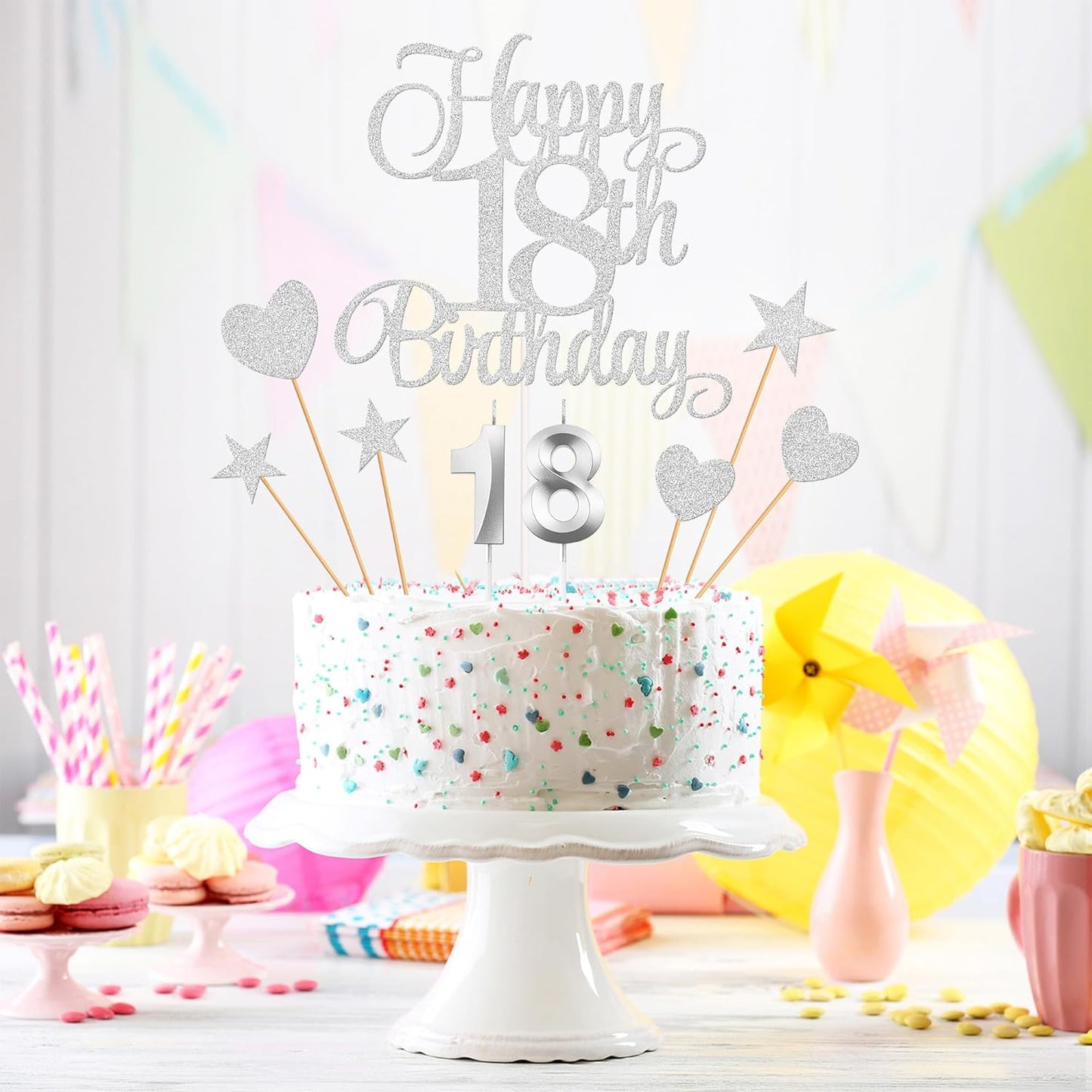 18th Birthday Cake Decorations, 18th Birthday Candles Cake Numeral Candles and Glitter Happy 18th Birthday Cake Toppers Set for Birthday Party Supplies (Silver)