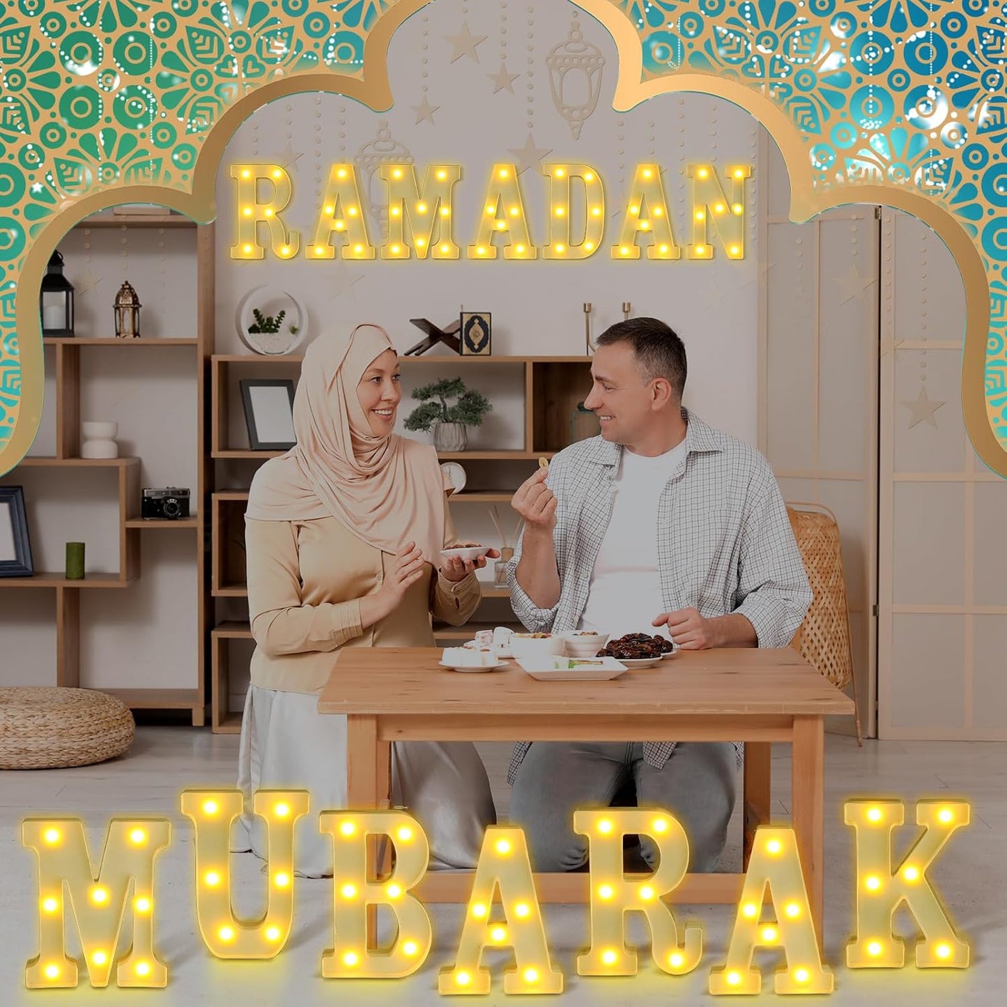 Sukkot Large LED Letter Sign LED Lights Battery Powered Table Decoration for Party Gift Tabletop Decoration(Ramadan Mubarak)