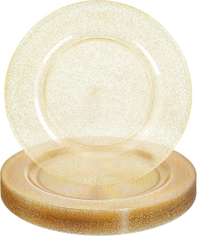 WDF 25PCS Glitter Gold Charger Plates - 12inch Gold Charge for Dinner - Plastic Chargers for Wedding Baby Shower Spring Birthday