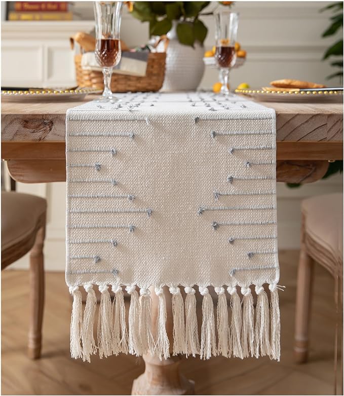 Boho Table Runner 13 x 72 Inch Long Natural Cotton Woven Runner with Tassels for Home Dining Table décor, for Modern Farmhouse Decor Coffee Table Runner, Grey and Beige