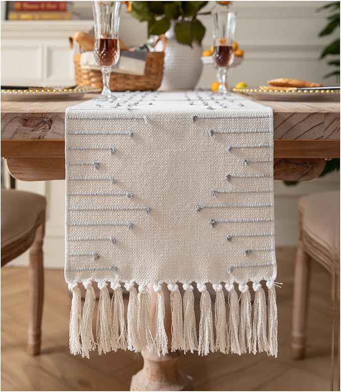 Boho Table Runner 13 x 48 Inch Long Natural Cotton Woven Runner with Tassels for Home Dining Table décor, for Modern Farmhouse Decor Coffee Table Runner, Grey and Beige