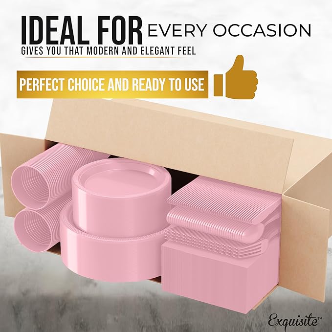 350 Pcs Pink Plastic Plates For Party, Pink Disposable Plates Set, 50 Of Each 9" Dinner Plate Set, 7" Dessert Plate, Cups, Napkins & Cutlery Plastic Dinnerware Exquisite