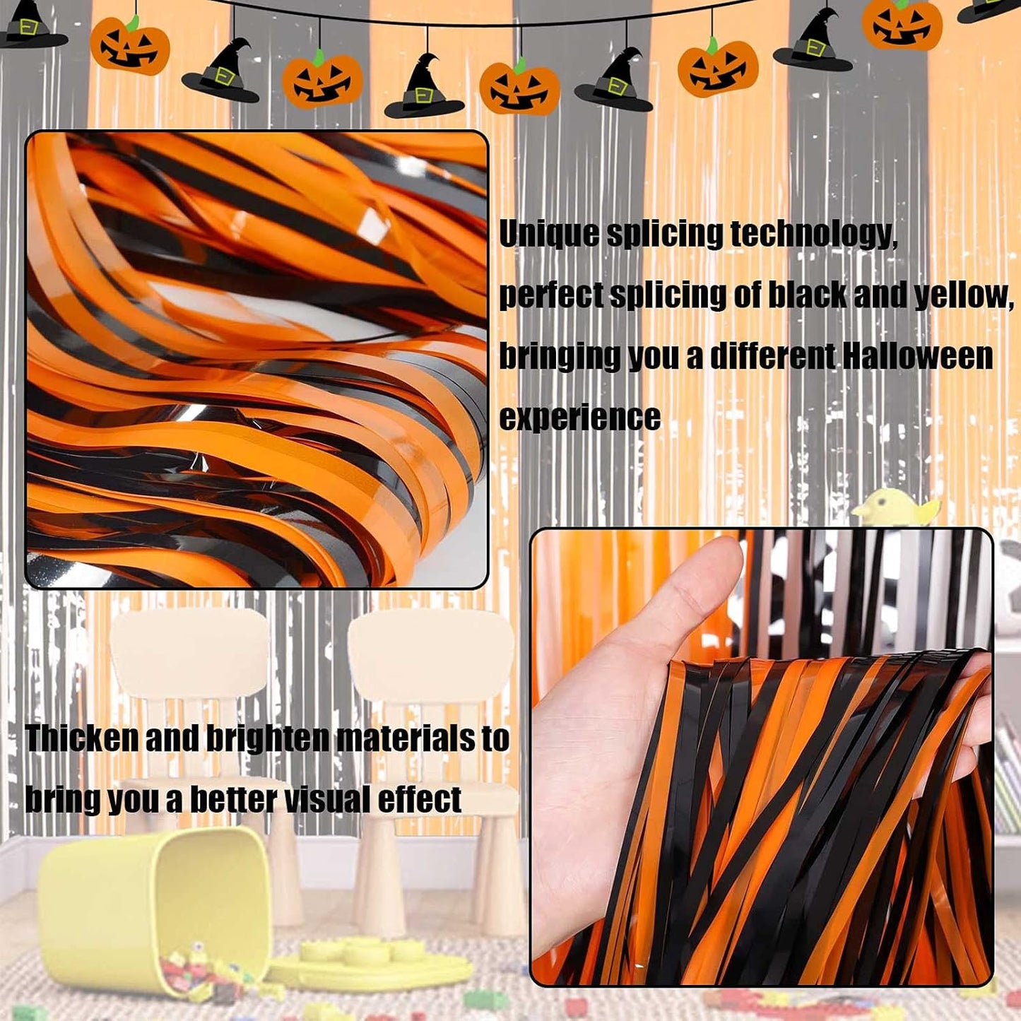 4 Pack Black Orange Foil Fringe Curtain Backdrop, 3.28Ft x 6.56Ft Metallic Tinsel Foil Fringe Streamers Curtains for Photo Booth, Wedding, Thanksgiving, Birthday, Christmas, Halloween Party Decoration