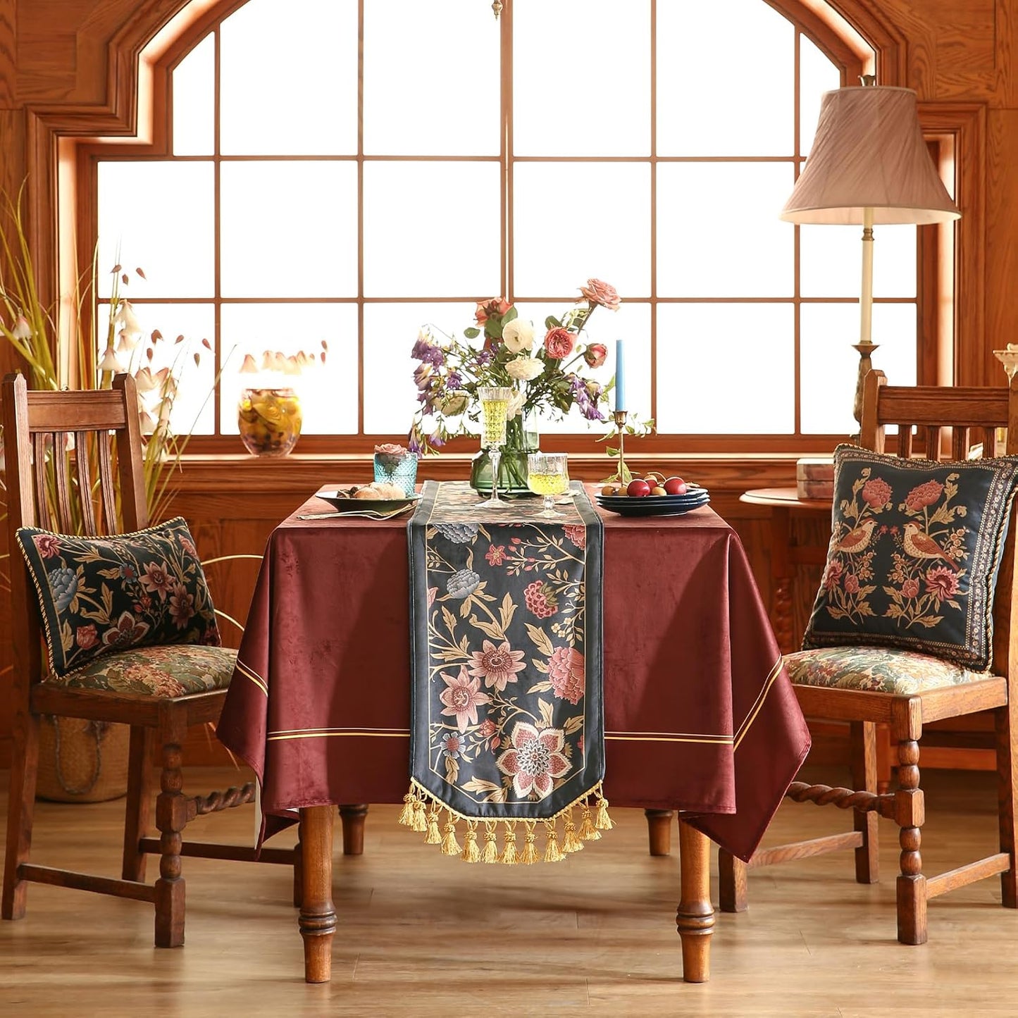 patdrea Designer Vintage Black Floral Velvet Table Runner 87 Inch Long, Pink Khaki Bouquets Pattern Table Mat, Decoration for Kitchen Dining Coffee Table Cabinet Banquet Thanksgiving,12"*87"