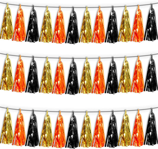 3P Orange Gold Black Tassel Banner Garland Metallic Foil Fringe Banner Tinsel Tassels Streamer Banner Backdrop for Parade Floats, Graduation Decorations, Halloween, Christmas Decorations