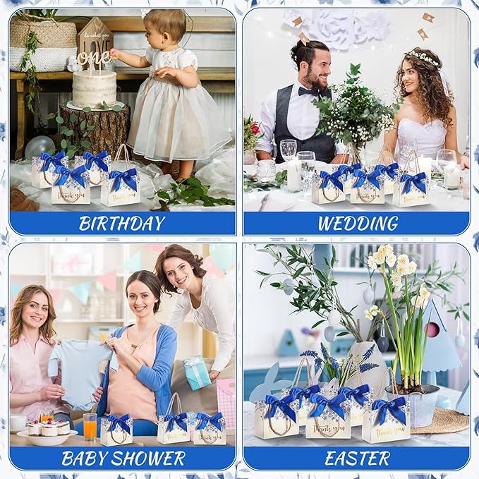Moinchore 40 Pack Wildflower Thank You Gift Bags with Handles Small Thank You Party Favor Bags with Bow Wedding Welcome Tote for wedding Holiday Bridal Shower Party(Vintage Blue Flowers)