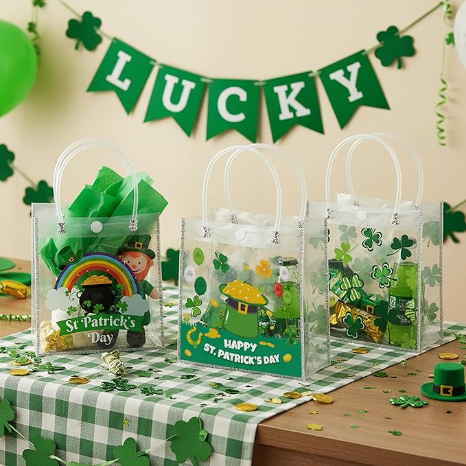 H1vojoxo St. Patrick's Day Gift Bags - 24PCS St. Patrick's Day Clear PVC Gift Bags with Handle for Family Gathering Party Decor Reusable Lucky Clover Goodie Bags Shamrock Bag for Holiday Party Favor