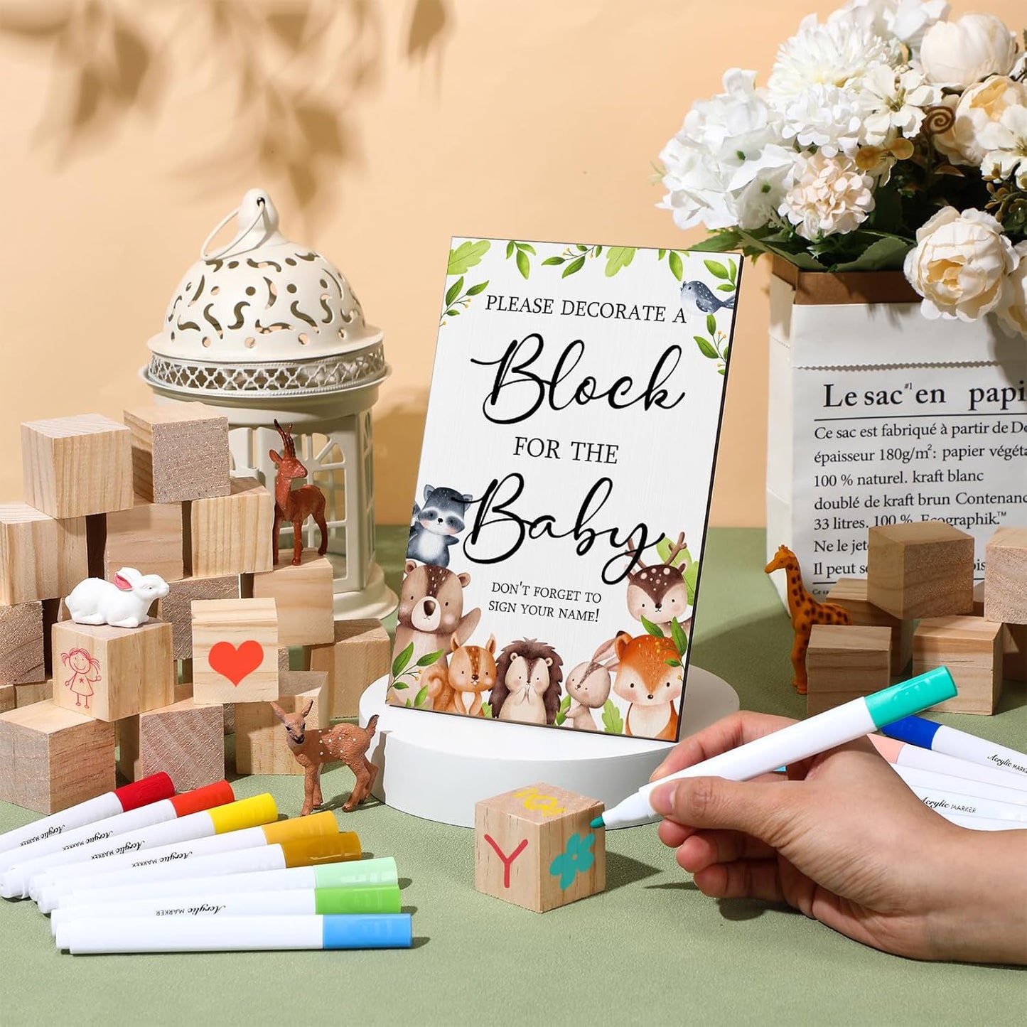 Tatuo 75 Pcs Baby Shower Games Sign Kit Including Decorate a Block Game Sign 50 DIY Wooden Block 24 Acrylic Paint Marker Baby Shower Prize for Gender Reveal Party(Woodland)