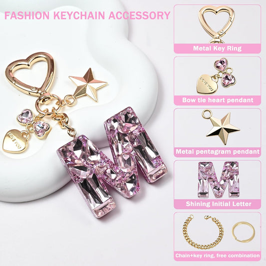 Cute Bling Keychain initial Letter Butterfly Star Pink Purple Gift for Women Girls Bag Cup Charms Accessories
