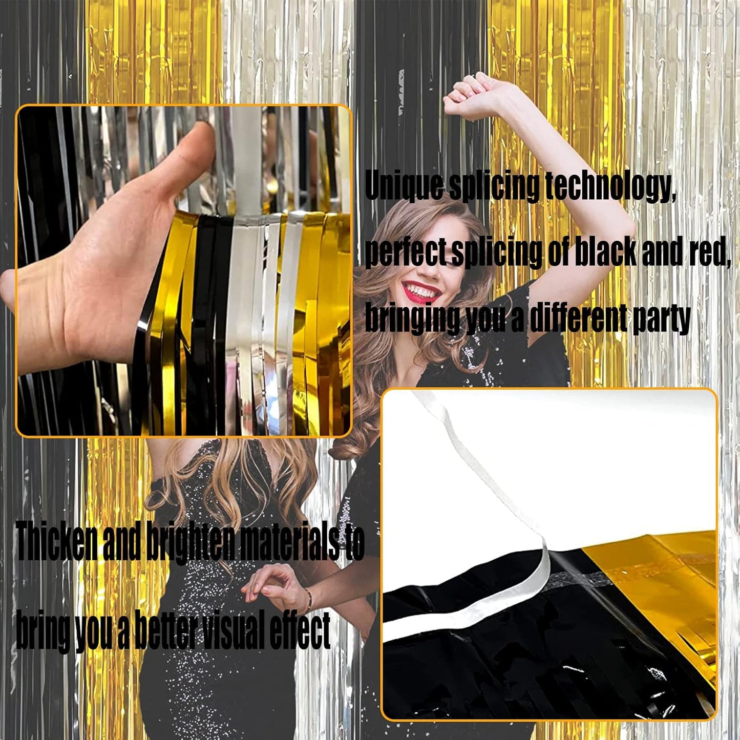 4 Pack Black Gold Silver Foil Fringe Curtain Backdrop, 3.28Ft x 6.56Ft Metallic Tinsel Foil Fringe Streamers for Photo Booth, Wedding, Notorious One Birthday Roaring 20s Graduation Party Decoration