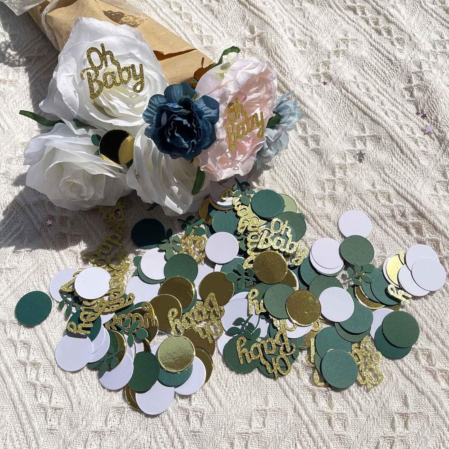200 Pcs Greenery Baby Shower Decorations, Sage Green Party Decor, Table Confetti Dots With Eucalyptus, Gold Glitter for Baby Shower Decor