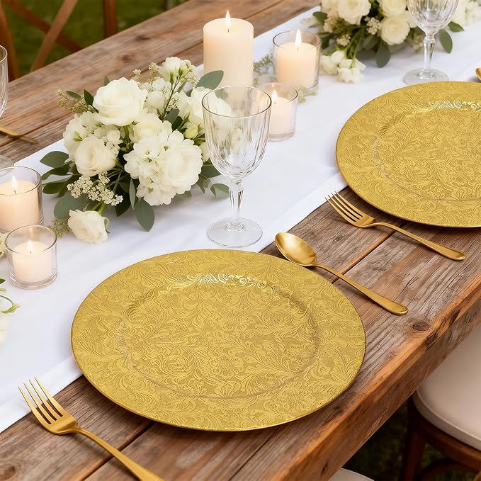 ZOOFOX 12 Pack Gold Charger Plates, 13" Plastic Round Antique Plate Chargers for Dinner Plates, Floral Charger Plates for Wedding Dinner Party Table Setting Decor
