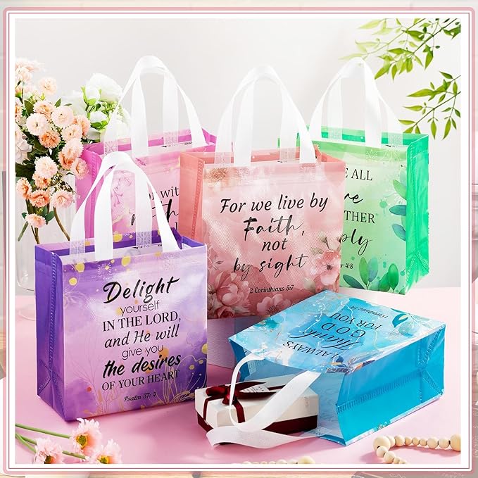 HunnmingRe 32 Pcs Christian Gift Bags Bulk, Easter Reusable Flower Religious Bible Verse Tote with Handles Non Woven Scripture Pastor Blessing Gift for Baptism Church Wedding Favors