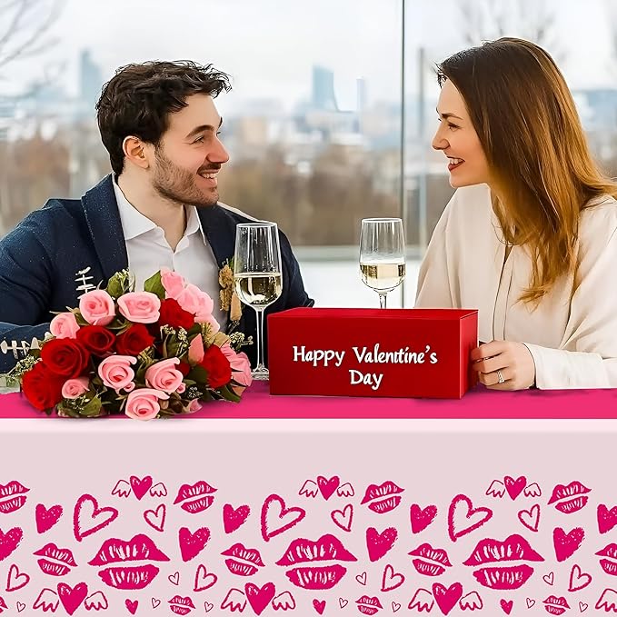 Childom 2 Pcs Valentines Day Tablecloths for Valentines Day Decorations,54" x 108" Disposable Plastic Tablecloths,Rectangle Lip Table Cover for Party Decorations Mothers Day Anniversary Birthday